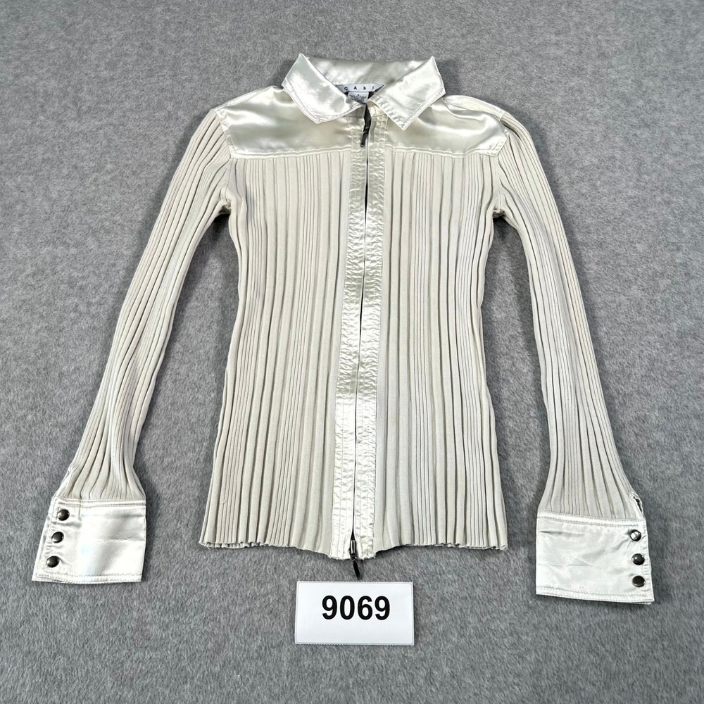 CAbi Shirt Womens Small Cream Silk Tight Knit Collared Full Zip Pleated Stretch